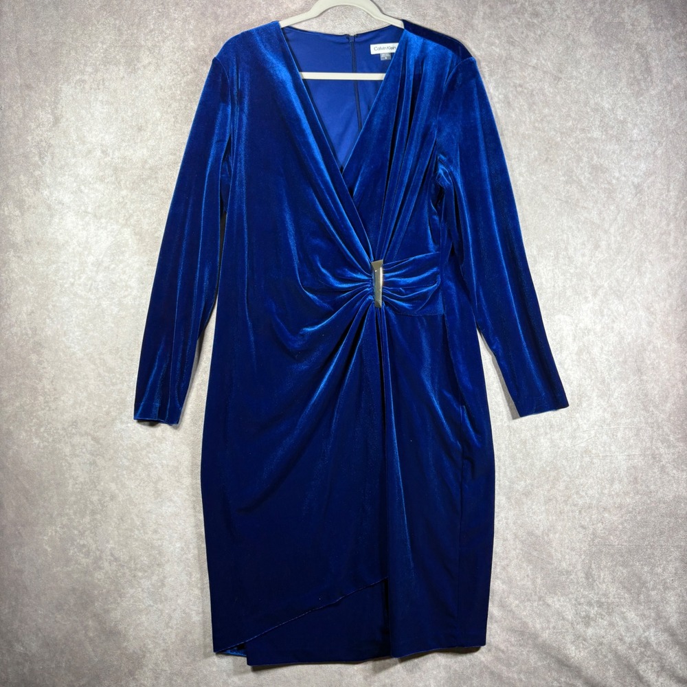 Calvin Klein Velvet Dress Womens 16 Blue Faux Wrap Sheath  V-Neck Cocktail Party